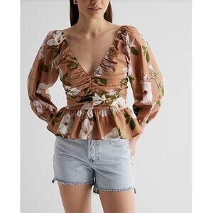 EXPRESS Floral Pleated Peplum Top in Brown Floral Print // XL